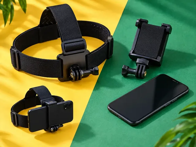 Faixa de cabeça, suporte e celular usados para a gravação